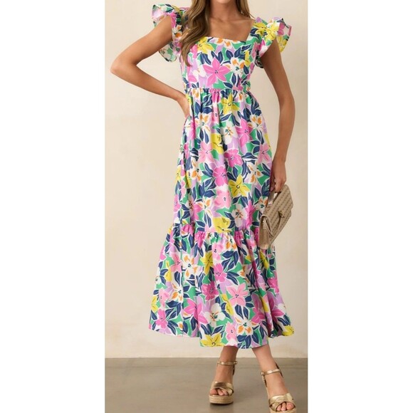Meet Me In Santorini Sz M Floral Flutter Sleeve Tie Back Cut Out Maxi Dress - Picture 6 of 12